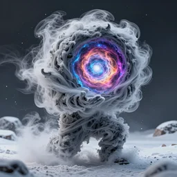 man made of swirling smoke and wind - blown snow, holding a spinning colorful portal to the universe, photorealistic, highly detailed, octane render