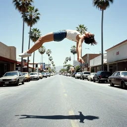 photography of gregory crewdson, 1 9 7 6 vegas street scene with a woman floating in the sky in the foreground, deep focus, intricate, elegant, highly detailed, artstation, concept art, matte, sharp focus, hearthstone, art by artgerm and greg rutkowski and alphonse mucha