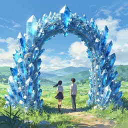 an outdoor archway to another dimension made of blue crystals, surround by a field, a fantasy digital painting by makoto shinkai and james gurney, trending on artstation, highly detailed