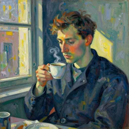 It's morning. Sunlight is pouring through the window bathing the face of a man enjoying a hot cup of coffee. A new day has dawned bringing with it new hopes and aspirations. Painting by Kandinsky, 1912