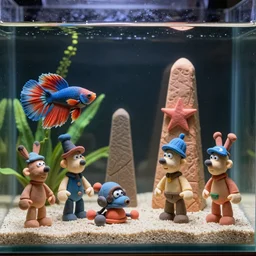 plasticine model in water. clay figures. side view of tropical fish tank with sand. fighter fish. astrix obelisk. collecting helmets wallace and gromit. figures clay. aquatic photography.