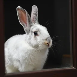 profile portrait of a rabbit looking in a mirror, dark room, top li