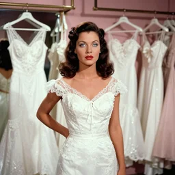the image is a lost hollywood film still 1 9 3 0 s photograph of a woman with ebony skin, long hair, and silver - colored eyes. standing in a bridal salon, trying on different types of wedding dresses. vibrant cinematography, anamorphic lenses, crisp, detailed image in 4 k resolution.