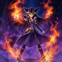 the beautiful dark magician girl from Yu-Gi-Oh controlling coloured flames, full body, mystical, ultra detailed, 4k ,
