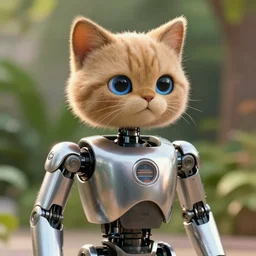 film still from the movie chappie of the robot chappie shiny metal outdoor park plants scene bokeh depth of field furry anthro anthropomorphic stylized cat ears head android service droid robot machine fursona