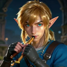 cinematic shot of an epic portrait of link playing ocarina, shiny skin, beautiful eyes, beautiful, small details, night setting, realistic poster with volumetric light from craig mallism, artgerm, jeremy lipkin and michael garmash, unreal engine, radiant light, detailed and complex environment, digital art, trends at art station, a masterpiece