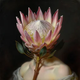 stunning italian godess princess, detailed pink and white protea head peace against a black backdrop by ivan aivazovsky, wlop, super sharp details, photorealism, 5 0 mm lens, oil painting, beautiful soft lighting, muted colours, artstation