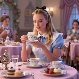 margot robbie as alice in wonderland mad hatters tea party, unreal engine max vram, volumetric lighting, extremely high quality, surealism