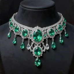 highly detailed oil painting, front view, ornate, delicate, brilliant magical emerald choker, necklace on display, octane render, realistic, dramatic light,