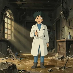 realistic interior shot from howls moving castle ( 2 0 0 4 ) of a scientist in a crumbling flooded desert prison cartoon depth of field.
