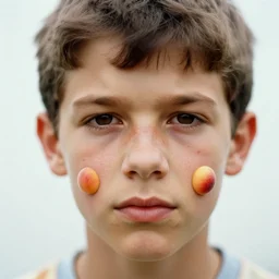realistic photo of a a blurred face of a boy, with nectarines growing out of his pores 1 9 6 0, life magazine photo, natural colors, metropolitan museum, kodak, 8 k, very detailed, high resolution, product photo,