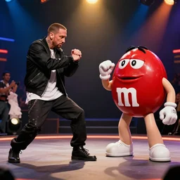 still of an award - winning movie of eminem in a rap battle against a chocolate m & m, hyperdetailed, hdr, studio lighting, studio quality effects, epic!!!!!!