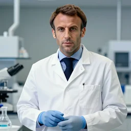 emmanuel macron standing in a lab while wearing a lab coat and gloves, highly detailed, digital art, sharp focus, trending on art station
