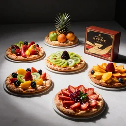 so delicious fruits pizza cakes on the table, worm dynamic lighting, pierre herme paris, godiva products photo