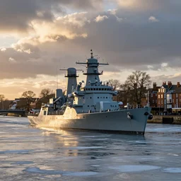 warship on a frozen river stour, seen from canterbury high street