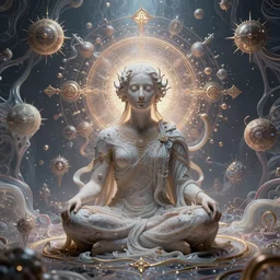 consciousness sitting in the center of the multi dimensional latent space conceptualizing our divine imagination, style of par olofsson and tristan eaton, alex grey, visually stunning, ultra realistic, hyper realism, 1 2 k, epic, octane render, unreal engine, vfx, super intricate esoteric symbols liquid fluidity of creativity