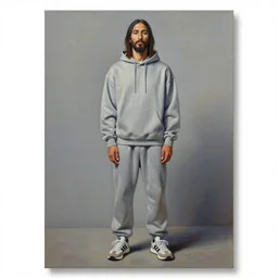 a full body portrait of modern day jesus wearing yeezus streetwear hoodie and pants by nicola samori, oil painting, realistic, 8 k, adidas sneakers style