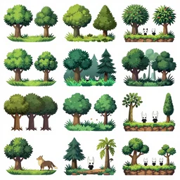 different folliage and plataforms  kitbash scenario  game asset pack to kitbash. PNG, vector art, separated,  transparent background, 4k, spritesheet Ori and the blind, Hollow knight, dog's, sotn, blasphemous, side scrolling. forest. Ghibli studio
