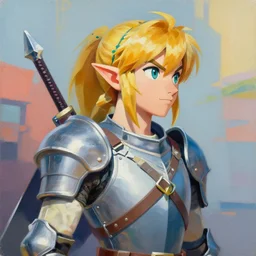 greg manchess portrait painting of armored female link from legend of zelda as overwatch character, medium shot, asymmetrical, profile picture, organic painting, sunny day, matte painting, bold shapes, hard edges, street art, trending on artstation, by huang guangjian and gil elvgren and sachin teng