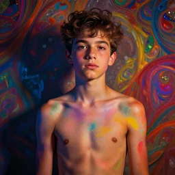 colorful and festive captivating hot handsome teenager boy shirtless. rich vivid colors, ambient lighting, dynamic lighting, 4 k, atmospheric lighting, painted, intricate, highly detailed by charlie bowater