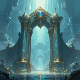 steampunk gate to another dimension ， night, artstation, smooth, aqua blue, dream, huge ， highly detailed, digital painting, symmetric!! vanishing point, sharp focus,, epic, smooth, surreal, illustration, artstation, octane render, warm top light ， concept art by raphael lacoste ， artgerm and john berkey