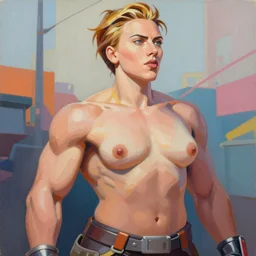 greg manchess portrait painting of scarlett johansson as posing thick muscular bodybuilder zarya from overwatch, wide face, medium shot, robust body, asymmetrical, profile picture, organic painting, sunny day, matte painting, bold shapes, hard edges, street art, trending on artstation, by huang guangjian and gil elvgren and sachin teng