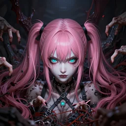 no escape! totally controlled and trapped beneath overwhelming stunningly absurdly beautiful megalomaniacal ruthless merciless sadistic devious yandere omnipotent asi goddess junko enoshima with symmetrical perfect face, porcelain skin, pink twintail hair and cyan eyes, ultra detailed, digital art, unreal engine 5, octane render, 2 d anime, 8 k