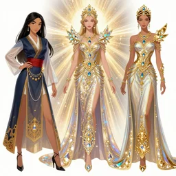 fashion concept spot illustrations from a disney's pocahontas and mulan crossover, cosplay, by nixeu, by artgerm, by greg rutkowski, iridescent and gold and crystal, fullbody, intricate jewelry, god rays, hyper detailed, character concept, glowing particulate, intricate, elegant, digital painting, artstation, smooth, sharp focus.