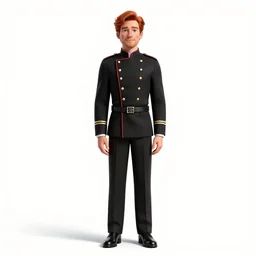 red-haired doorman in uniform, detailed 3d character render, full body, standing, isolated on a pure white background, centered, whole figure in frame, sharp focus, studio lighting