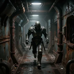 horror movie scene of an individual in doomslayer armor being chased down a hallway, running through a desolate deep space mining station, rusty metal walls, broken pipes, dark colors, muted colors, tense atmosphere, mist floats in the air, amazing value control, dead space, moody colors, dramatic lighting, ussg ishimura, frank frazetta