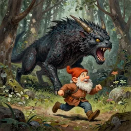 A very detailed painting of a gnome running from an hungry manticore in a forest, in the style of Brian Froud