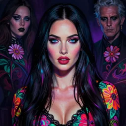 portrait of megan fox, hyper detailed masterpiece, neon floral pattern, jean giraud, digital art painting, darkwave goth aesthetic, psychedelic, artgerm, donato giancola and tom bagshaw