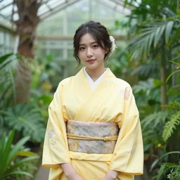 medium photo portrait of a woman wearing a yellow kimono in a tropical greenhouse