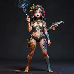 full body painting of a girl smoking a cigarette and holding a pistol, cute face, intricate, highly detailed, digital painting, official media, concept art, rich vivid colors, ambient lighting, sharp focus, illustration