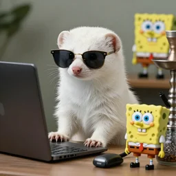 a cute white mongoose! with sunglasses! working on a pc!, a hookah! on the desktop, a still photo from spongebob