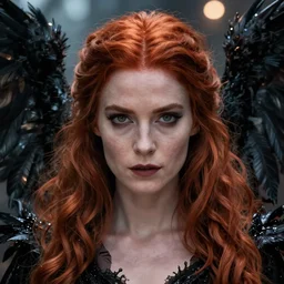beautiful female mage with red hair, keira knightley, black clothing, dark feathered wings, intricate, highly detailed face, trending on artstation, dramatic lighting, hyperrealistic, close up photograph, canon 5 d mk 2, 5 0 mm 1. 2 f, bokeh