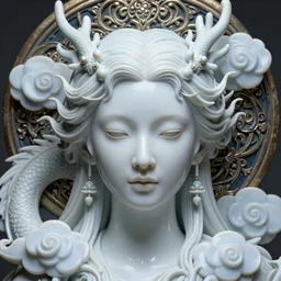 hyperdetailed realistic face portrait octane render, artwork by james jean, chiara bautista, smooth polished porcelain, beautiful cloud dragon goddess, jean delville, art nouveau, james jean spiraling clouds, ornate metal gothic icon heavy patina, joy, delicate, enchanting, otherworldly, whimsical, ethereal, mythology, magical