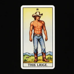 a beautiful tarot! card of a handsome shirtless cowboy wearing cowboy hat and boots with a chunky build and belly next to a campfire | homoerotic!, dark, moody, serene, warm | art deco!, art nouveau | by Walter Crane, by Mark Maggiori | realistic, trending on artstation