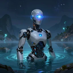 portrait of a robot from the distant future with a cosmic light head in a magical lake, half submerged in water, highly detailed, digital painting, artstation, night scene with moutains with glowing sprites, wlop concept art, smooth, sharp focus, illustration, art by dreadjim, craig mullins and greg rutkowski, 8 k