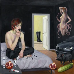 painting of queer artist's bedroom with black walls, emo artist eating blackberries, knife, tesla model x, paint tubes, a liminal doorway, zen, high black boots, pomegranate, a black pig, courgette, octopus, sensual surrealism, by monet and magritte