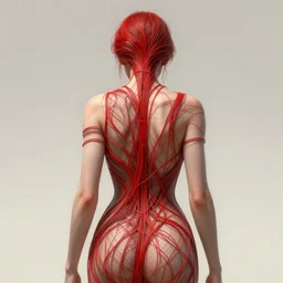 low angle shot of a woman seen from the back with red wires , intricate, elegant, highly detailed, centered, digital painting, artstation, concept art, smooth, sharp focus, illustration, artgerm, Tomasz Alen Kopera, Peter Mohrbacher, donato giancola, Joseph Christian Leyendecker, WLOP, Boris Vallejo