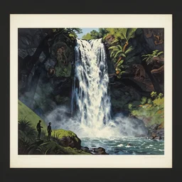 ancient beings, summer, beautiful waterfall, by gediminas pranckevicius, dark shadows, woodblock, complementary - colors, olive oil, creme brule, poster, polished, discovering enlightenment, by james gilleard