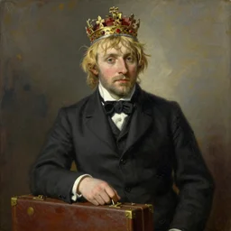 a blonde hair man wearing a suit and a royal crown, messy hair, the man is holding a briefcase on his lap, portrait, oil painting by jan matejko