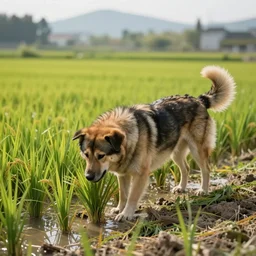 photo, A large dog Planting Rice in a paddy field.
