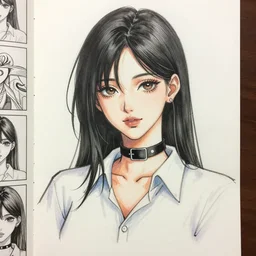 portrait of a beautiful girl with black hair; wearing black choker and white shirt; drawn by WLOP, by Avetetsuya Studios, attractive character, colored sketch anime manga panel