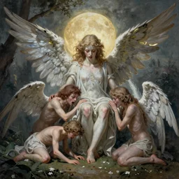 . Paradise. Soul eating angels satisfy their hunger. in style of Valls Dino,