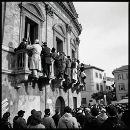 masked crowd climbing balconies in central Rome during Carnival, coherent engraving by Hjalmar Moerner, , cinematic full shot, high res, 35mm film black and white photograph, 1812