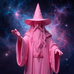 highly detailed matte painting of a pink wizard, surreal, by rhads and zdzislaw beksinski and dan mumford, 8 k hdr, background of outer space neon nebulas, pilar gogar