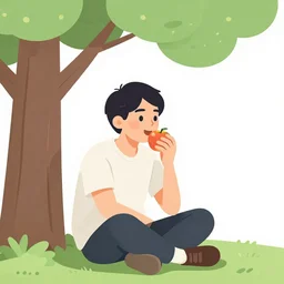 a man eating an apple sitting beneath a tree