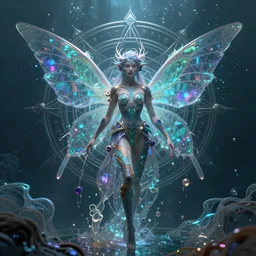 a render of an ancient futuristic ethereal pixie with digital modifications and wings surrounded by a underwater ink pour and flowing liquid gallium and complex sacred geometry, powerful, cinematic, beautifully lit, perfect body and face, by beeple, by artgerm, by karol bak, by brian froud, 3 d, trending on cgsociety, octane render, 8 k